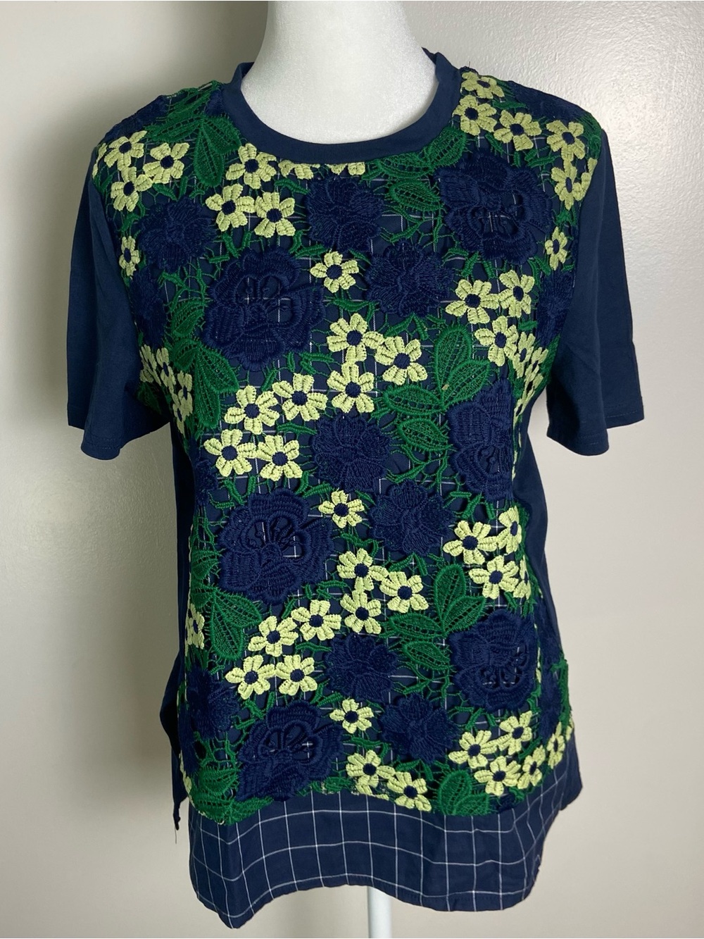 Zara Navy Short Sleeve Top with Green and Yellow Floral Lace